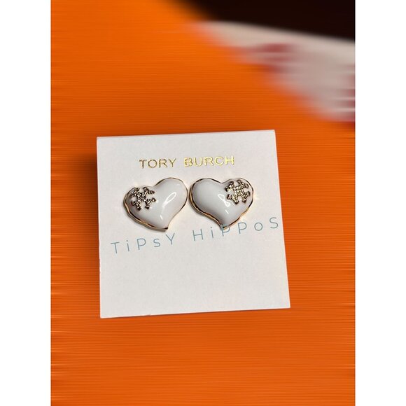 Tory Burch Heart Shaped Earrings In White & Gold - Picture 5 of 5